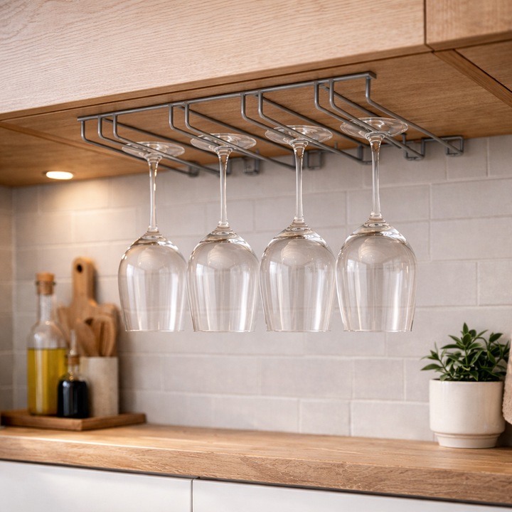 Suport pahare vin suspendat bucatarie ANTBRO®, scurgator pahare din metal cu montaj pentru dulap/bar, organizator pahare, otel acoperire epoxidica, suruburi incluse, 36 x 29 x 3.5 cm, gri