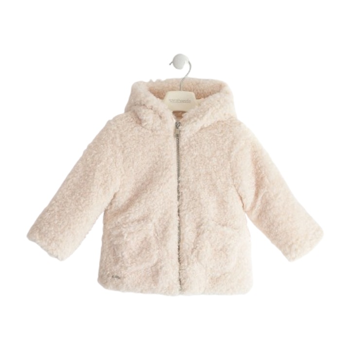 Haina fete Sarabanda tip teddy cu gluga si fermoar interior satinat