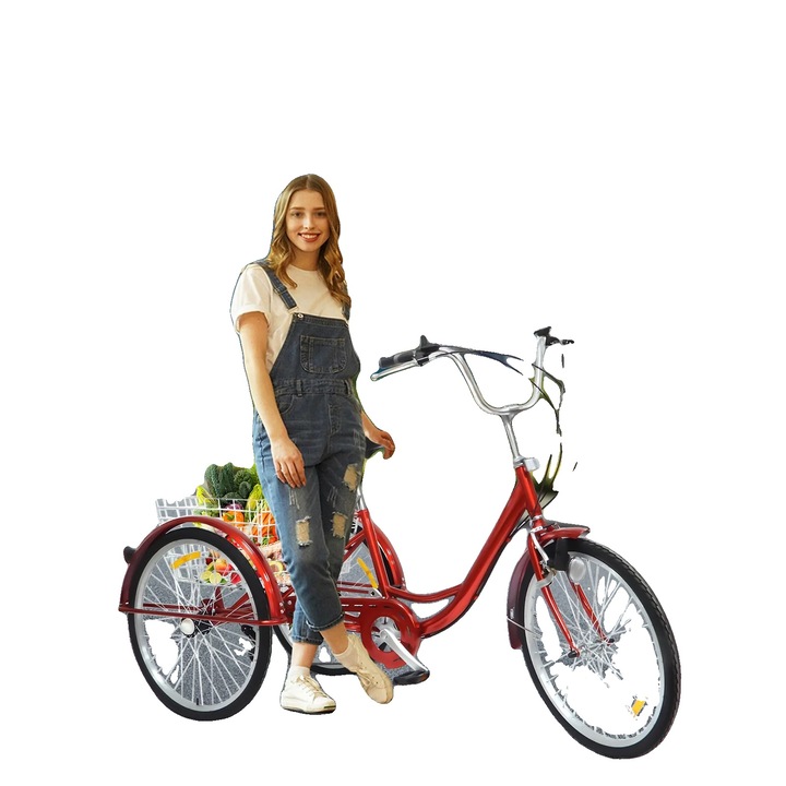 Триколка за възрастни, 6 регулируеми скорости, издръжлива рамка, червена, с кошница за съхранение