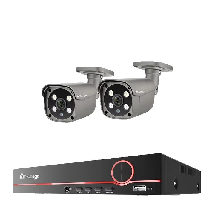 Система за наблюдение, techage, 8 канала, 2 камери 5MP, 4K резолюция, 3T HDD, детекция на хора