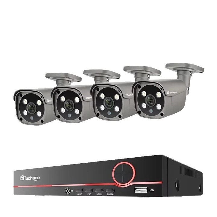 Sistem de camere de supraveghere, 8CH, 4 camere 5MP, rezolutie video 4K, detectie umana, fara HDD integrat