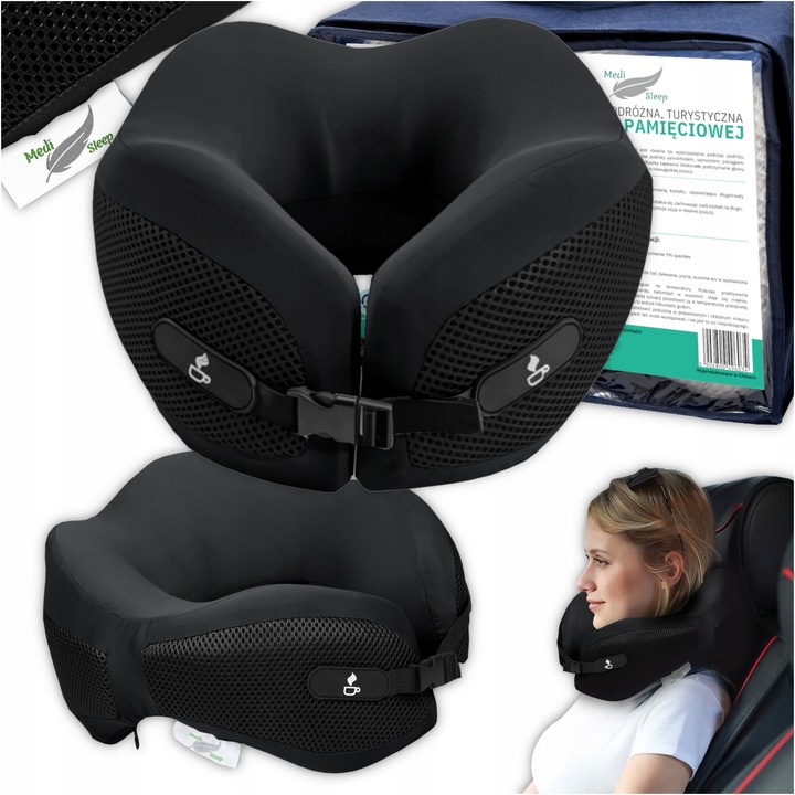 Perna de calatorie, Medi Sleep, neagra, 27x25x18cm, cu suport pentru gat, set inclus