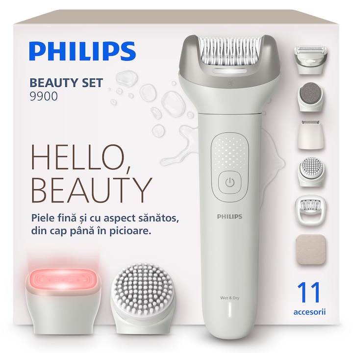 Philips BRE750/00 szépségápolási készlet: S9000 epilátor SkinLED fej vörös és infravörös fénnyel a ragyogó bőrért, ProGuide360° epilálófejjel, Kerámia csipesz, Rugalmas borotvafej, Pedikűrreszelő+egyéb tartozékok, Nedves/száraz használat, 60 perc üzemidő