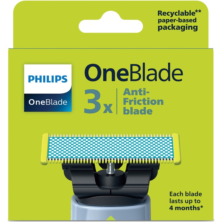 Резерви PHILIPS OneBlade QP235/50, Комплект от 3 ножчета против протриване (за чувствителна кожа), Съвместими с всяко устройство OneBlade