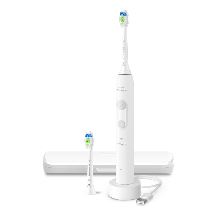 Periuta de dinti electrica Philips Sonicare HX4044/41 Seria 4100, 2 moduri, 2 intensitati, senzor de presiune, timer 2 minute, 2 x capete Optimal White, toc de calatorie, alb