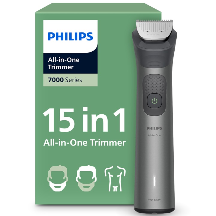 Aparat de tuns barba & parul de pe cap si corp 15in1 PHILIPS All-in-One MG7935/15, autonomie 120 min, 26 de setari de lungime: 0,5-20 mm, 3 capete trimmer specializate (detalii, corp, nas), piepteni pt fata, cap, corp, 100% rezistent la apa