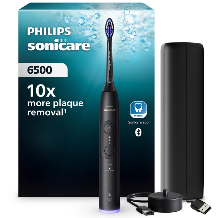 Periuta de dinti electrica Philips Sonicare HX7411/10, 62.000 miscari/minut, autonomie 21 zile, 3 moduri de periere,3 intensitati, senzor presiune luminos, functia BrushSync, capat de periere Senstive, toc transport, negru