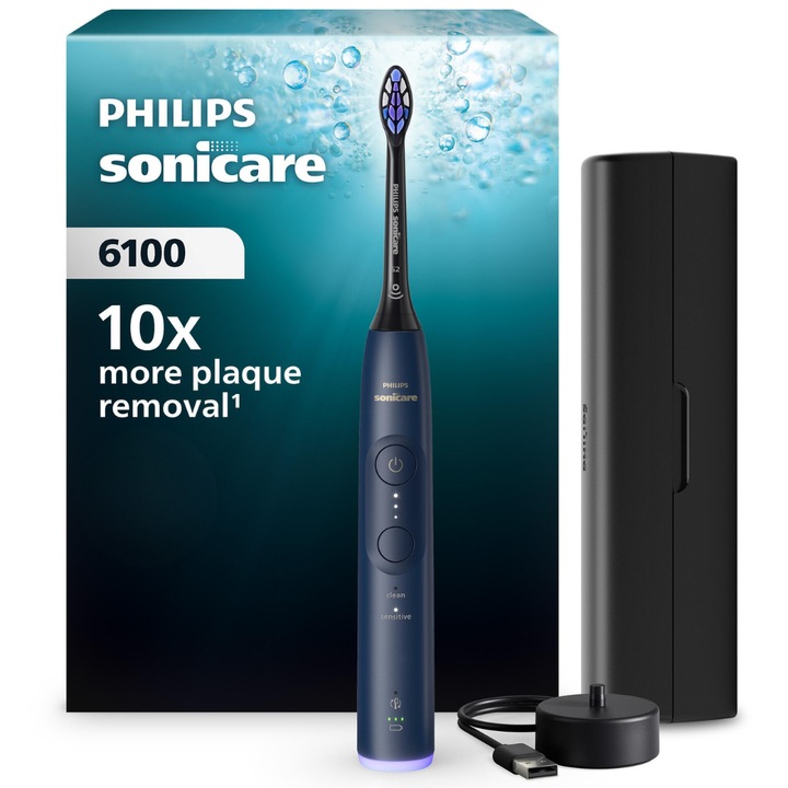 Periuta de dinti electrica Philips Sonicare HX7403/08, 62.000 miscari/minut, autonomie 21 zile, 2 moduri de periere, 3 intensitati, senzor presiune luminos, Functia BrushSync, capat de periere Sensitive, toc transport, albastru
