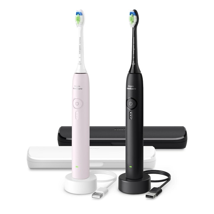 К-кт 2 електрически четки за зъби Philips Sonicare HX4072/42, Серия 3100, 1 реж, 3 интенз, 2 x глави за четка Optimal White, 2 x калъф за път, Черен/Розов