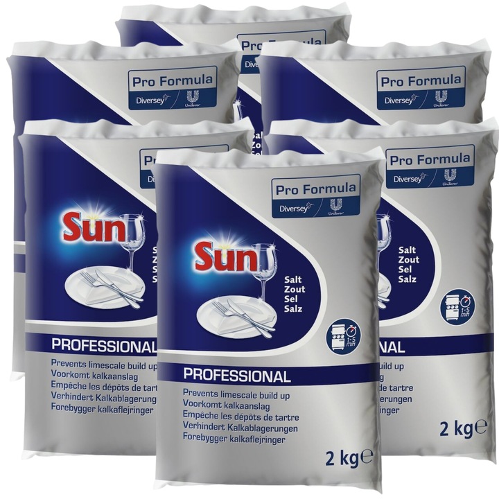 Pachet SUN Professional Dishwasher Salt, Sare pentru Masina de Spalat Vase, 6x2 kg