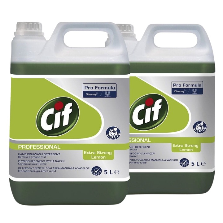 Pachet CIF Professional Dishwasher Extra Strong Lemon – Detergent pentru Spalarea Manuala a Vaselor, cu Lamaie, 2×5 L