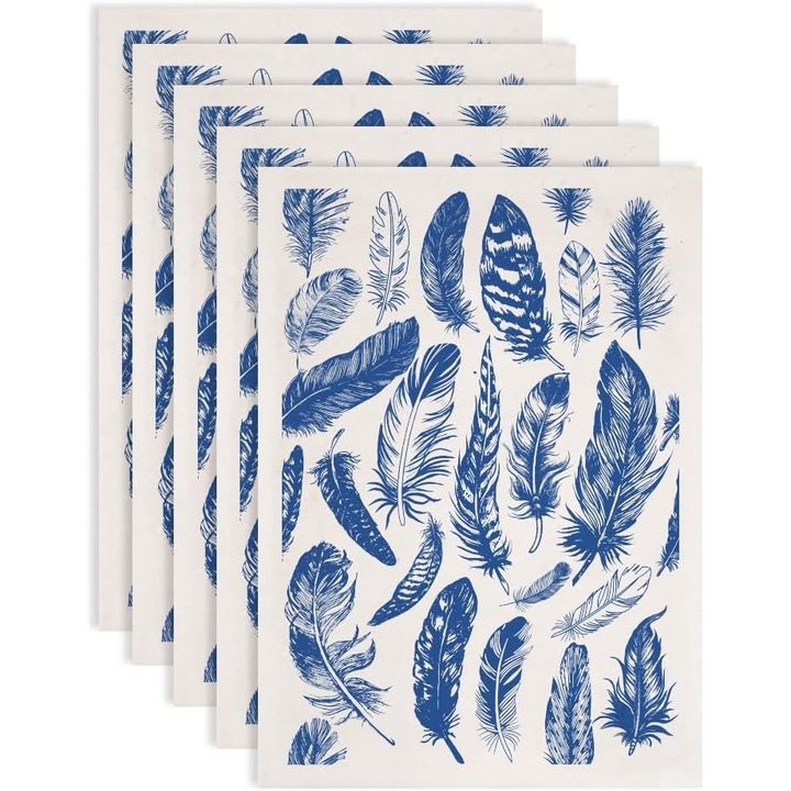Set 5 foi decalcomanii subglazura, SUPERDANT, pene boho, albastru, 37x52cm