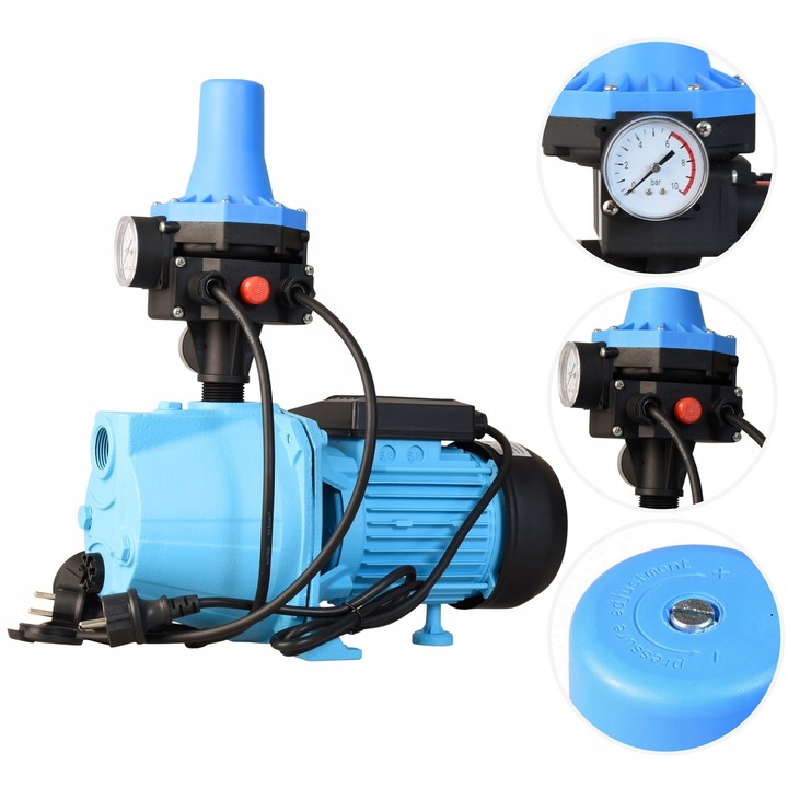 Повърхностна чугунена помпа за чиста вода SET 100, ALUVRA, мощност 1100 W, дебит 3600 л/ч, 5 бара, височина на изпомпване 50 м + Автоматичен пресостат CSK 31 с манометър, регулируемо стартово налягане