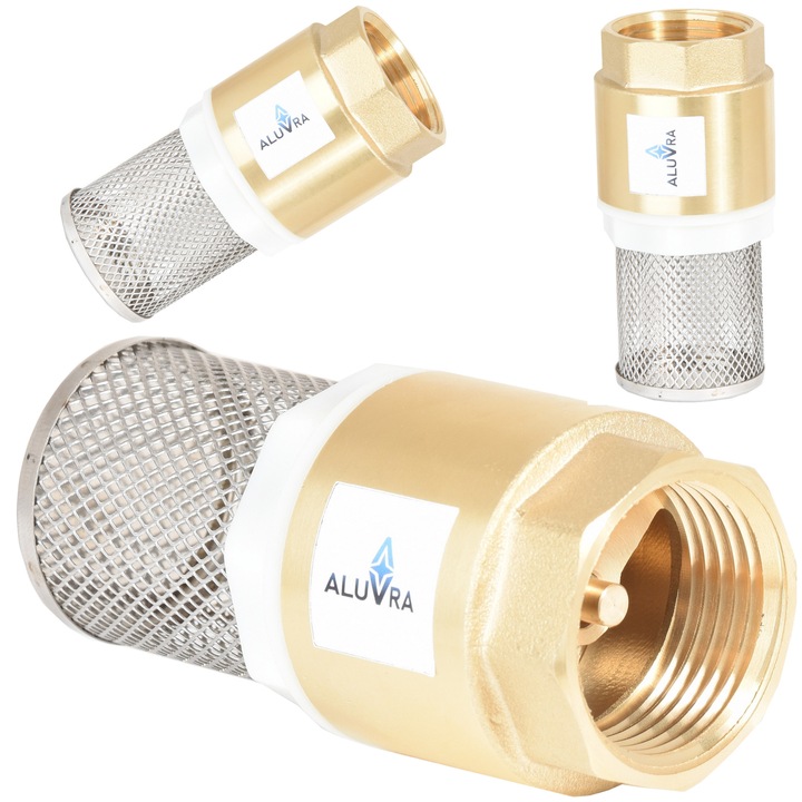 Supapa de retinere cu filtru de aspiratie inox, ALUVRA, diametru 1", DN25, supapa de sens cu obturator de alama, rezistent la coroziune si uzura, pentru sisteme de alimentare cu apa, usor de utilizat