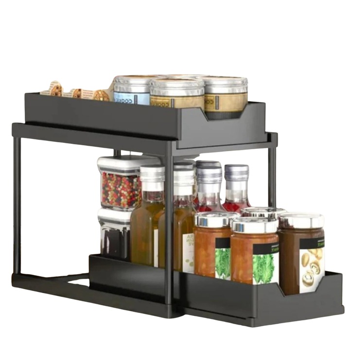 2 szintes mosogató alatti rendszerező, mozgatható alsó kosárral és 16 kampóval, fúrás nélkül, 38 x 39.5 x 22 cm, fekete