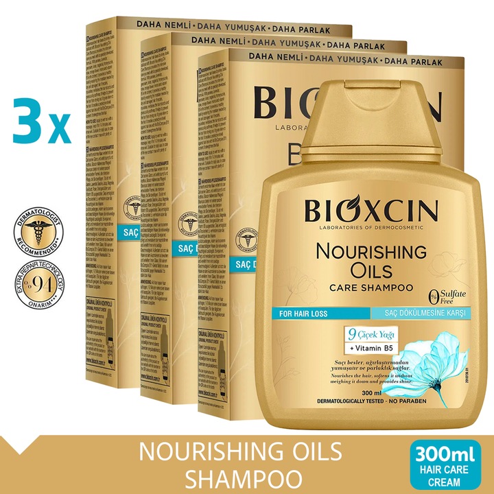Sampon hranitor Bioxcin Uleiuri Nutritive 3x300 ML pentru par uscat si deteriorat, fara sulfati, hipoalergenic
