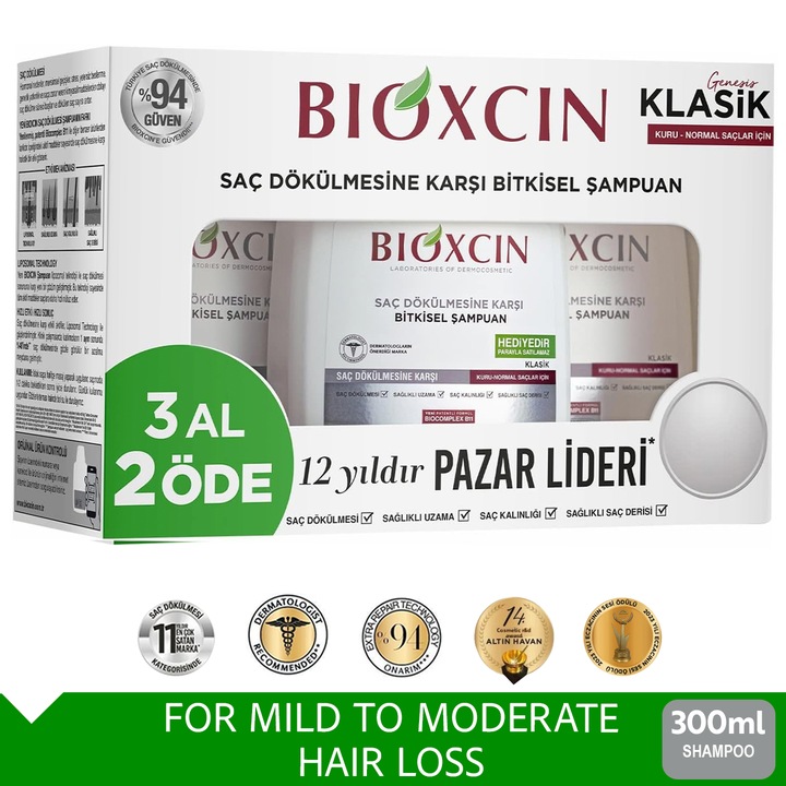 Sampon Bioxcin pentru Par Uscat si Normal, 3x300 ml, Avantaj Pack, Impotriva Caderii Parului