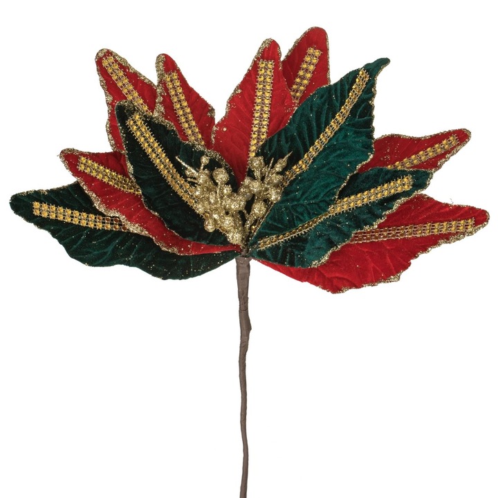 Floare Decorativa de Craciun Rosie Verde Catifelata cu Glitter Auriu 32cm