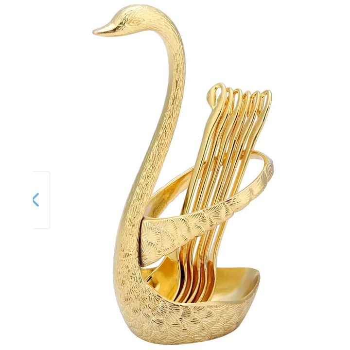 Set 6 lingurite aurii elegante Pufo cu suport decorativ in forma de lebada, design premium, ideale pentru desert, cafea si servire festiva