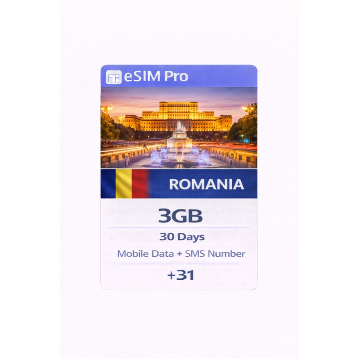 NextSIM eSIM Pro Romania, 3 GB Date Mobile + Numar SMS (+31), 30 Zile, Digi / Orange / Vodafone 3G/4G/5G, Activare Instanta