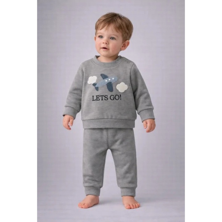 Set bebelusi baby go cu imprimare avion – bumbac confortabil, Gri