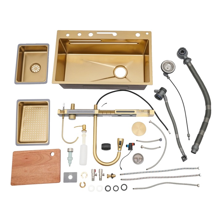 Chiuveta bucatarie, design multifunctional, robinet integrat, auriu