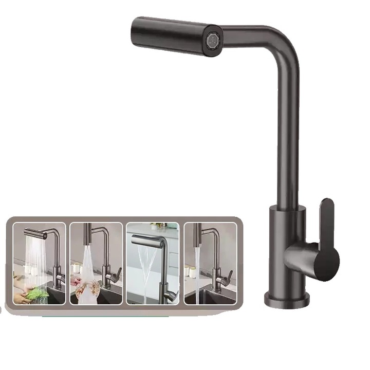 Csaptelep, kihúzható fúvókával, 360 fokban forgatható, matt fekete