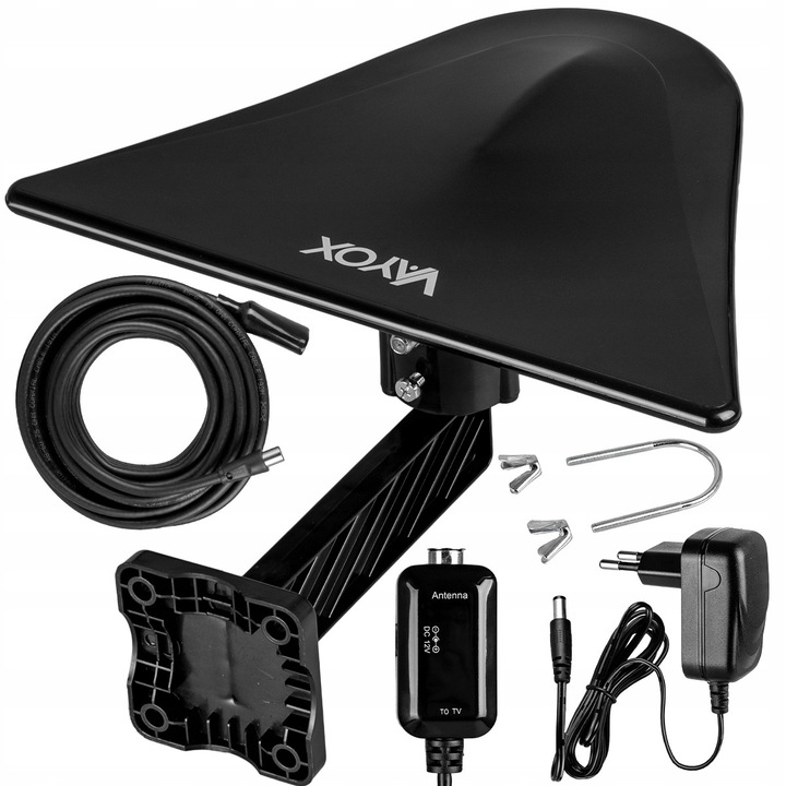 Насочена телевизионна антена Vayox, DigiActiv VA0023 Pro, за ефирна телевизия DVB-T/DVB-T2, външна, VHF, UHF, FULL HD, 4K, LTE 4G 5G филтър, 8м кабел, 12V, Черна