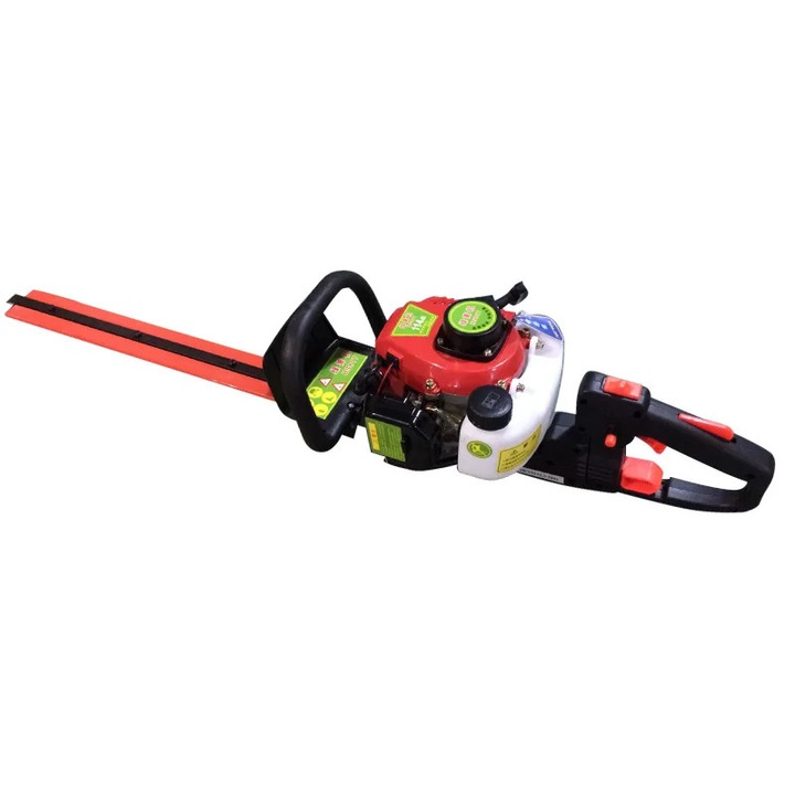Masina de tuns gard viu pe benzina, Trimmer gard viu 22, 5 cm³ dubla lama, Motor 2 timpi monocilindru, 0, 65 kW/0, 90 CP, 9000 rpm, Maner rotativ 180°, Negru