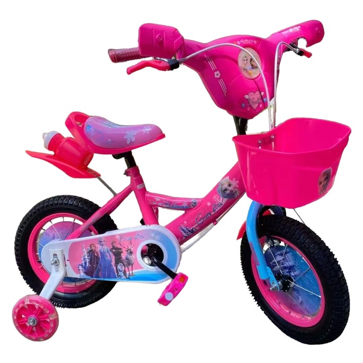 Bicicleta copii Homeone Frozen 16", roz, cu lumini si muzica, roti ajutatoare, cos pentru obiecte mici
