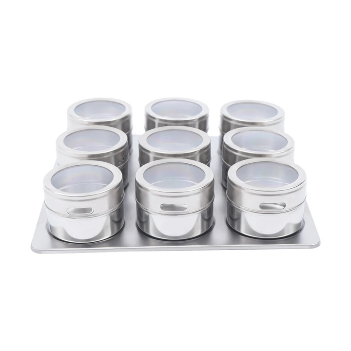 Borcane pentru condimente magnetice, Set borcane, Otel inoxidabil, Organizator montat pe perete, Suport magnetic, Depozitare bucatarie