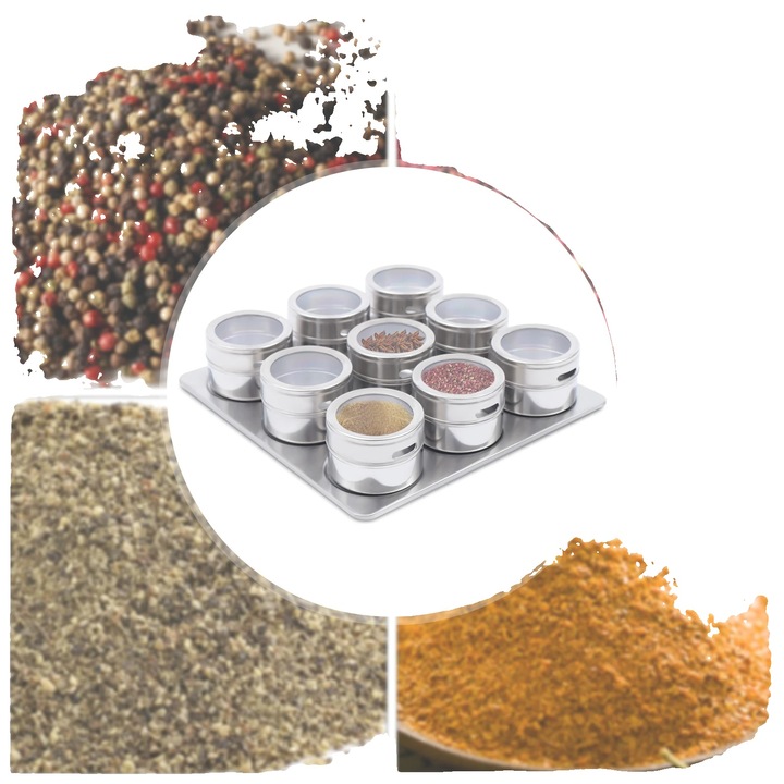 Set de 9 recipiente magnetice pentru condimente, inox, montare pe perete, capac transparent, dimensiuni 11.4x7.6cm