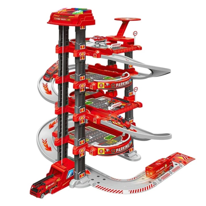 Set parcare pompieri de jucarie cu lift, lumini si covoras oras, 78 piese, rosu