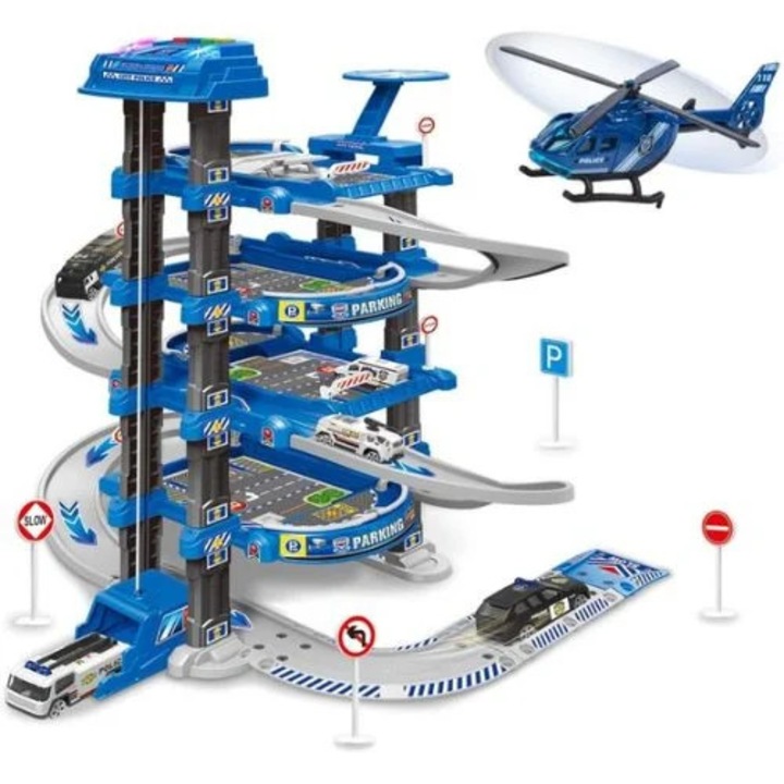 Set parcare politie de jucarie cu lift, lumini si covoras oras, 82 piese, albastru