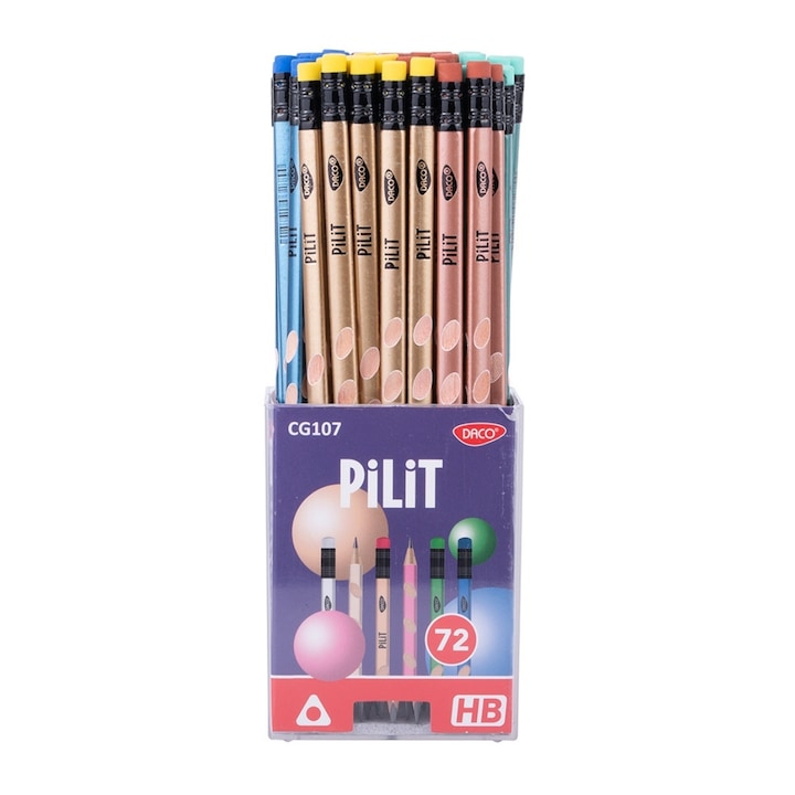 Set 72 creioane HB cu radiera Daco, triunghiular, multicolor