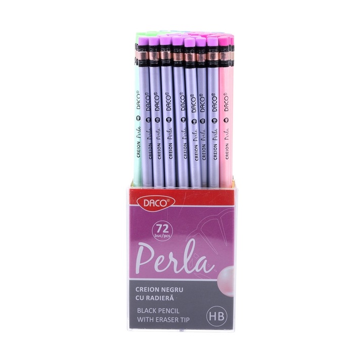 Set 72 creioane negre HB cu radiera Daco, mov-verde-roz-albastru, corp rotund