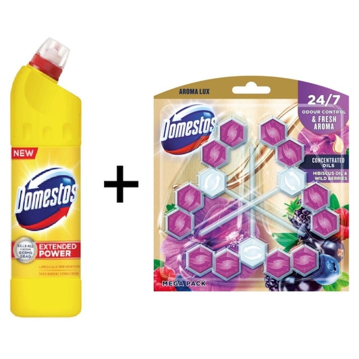 Set de dezinfectant pentru toaletă Domestos Citrus Fresh 750ml + Aroma Lux Floare de Dahlia și Aromă Proaspătă, 3x55g, gel și tablete