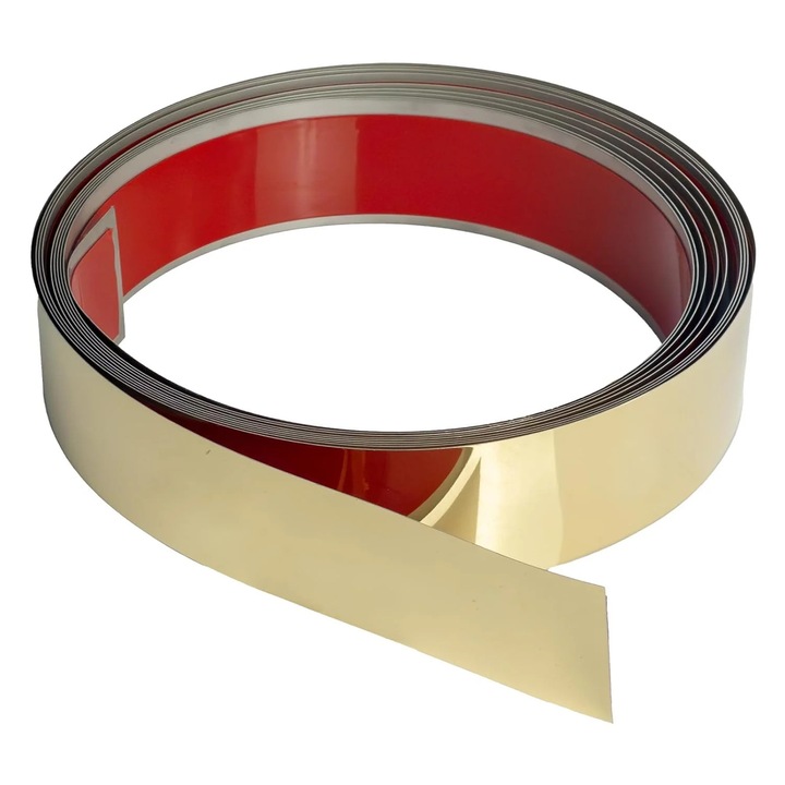 Banda Decorativa Autoadeziva din Otel Inoxidabil Nichelat, AURIU - GOLD, cu Efect de Oglinda 8K, 3 cm latime x 5 metri lungime, Fara Coroziune, pentru Pereti, Tavan si Mobila, MaffStuff