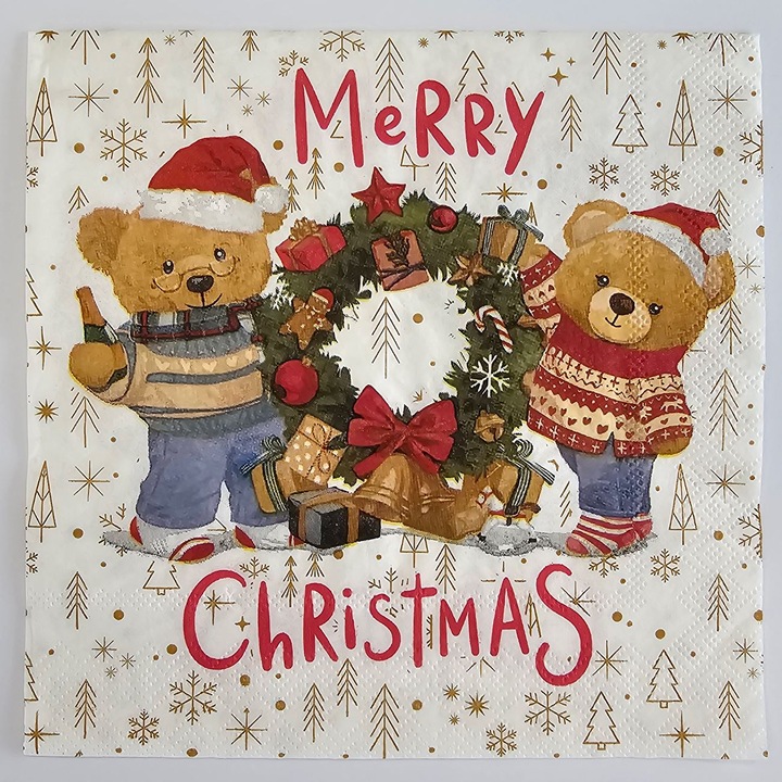 Servetele de Masa Set 2 Straturi Ursuleti de Craciun 33x33cm, alb