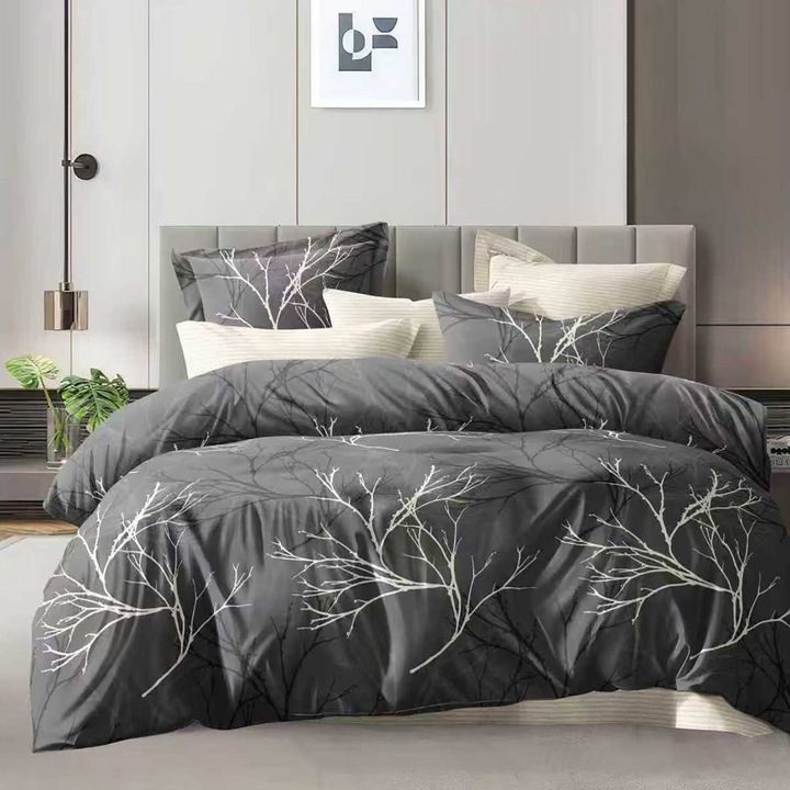 Economy dupla ágynemű garnitúra 6 részes, lepedő 180x200 cm és paplanhuzat 200x230 cm, 2 párnahuzat 50x70 és 2 párnahuzat 70x70, Fák Krém/Fekete ECNH48