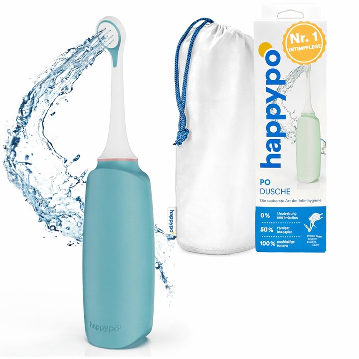 Irigator intim HappyPo, 300 ml, albastru petrol, design portabil, plastic