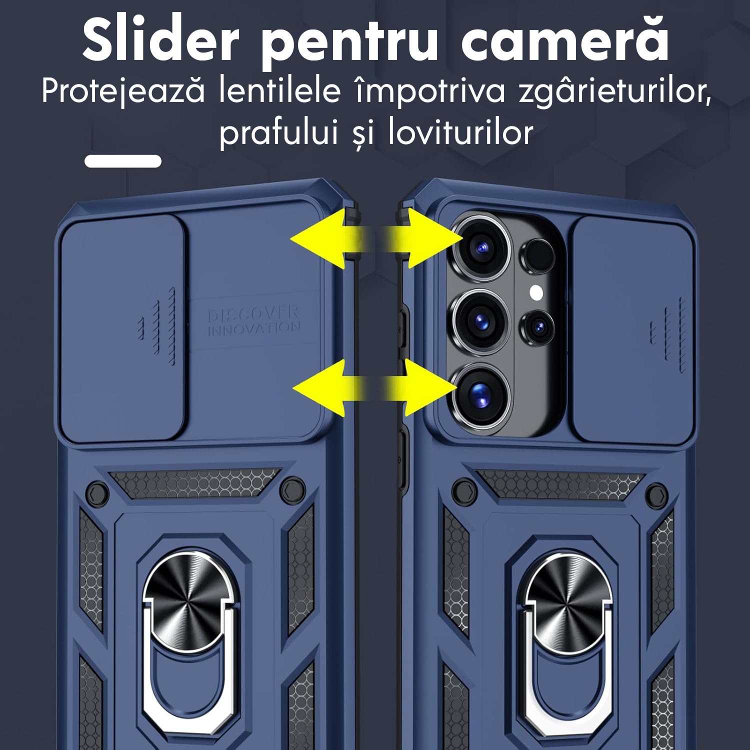 Husa pentru Samsung Galaxy S26 Ultra cu inel rotativ 360 Daden, Camshield series, Hybrid Antisoc, Slider pentru protectia camerei, Albastru