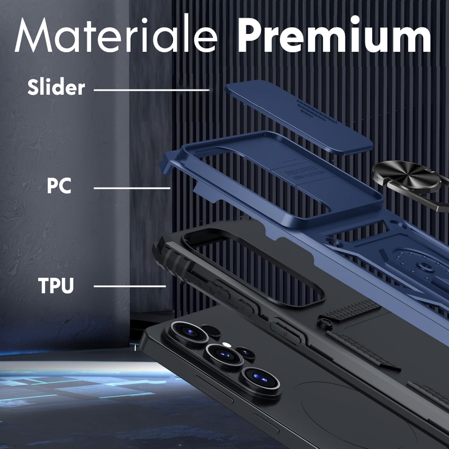 Husa pentru Samsung Galaxy S26 Ultra cu inel rotativ 360 Daden, Camshield series, Hybrid Antisoc, Slider pentru protectia camerei, Albastru