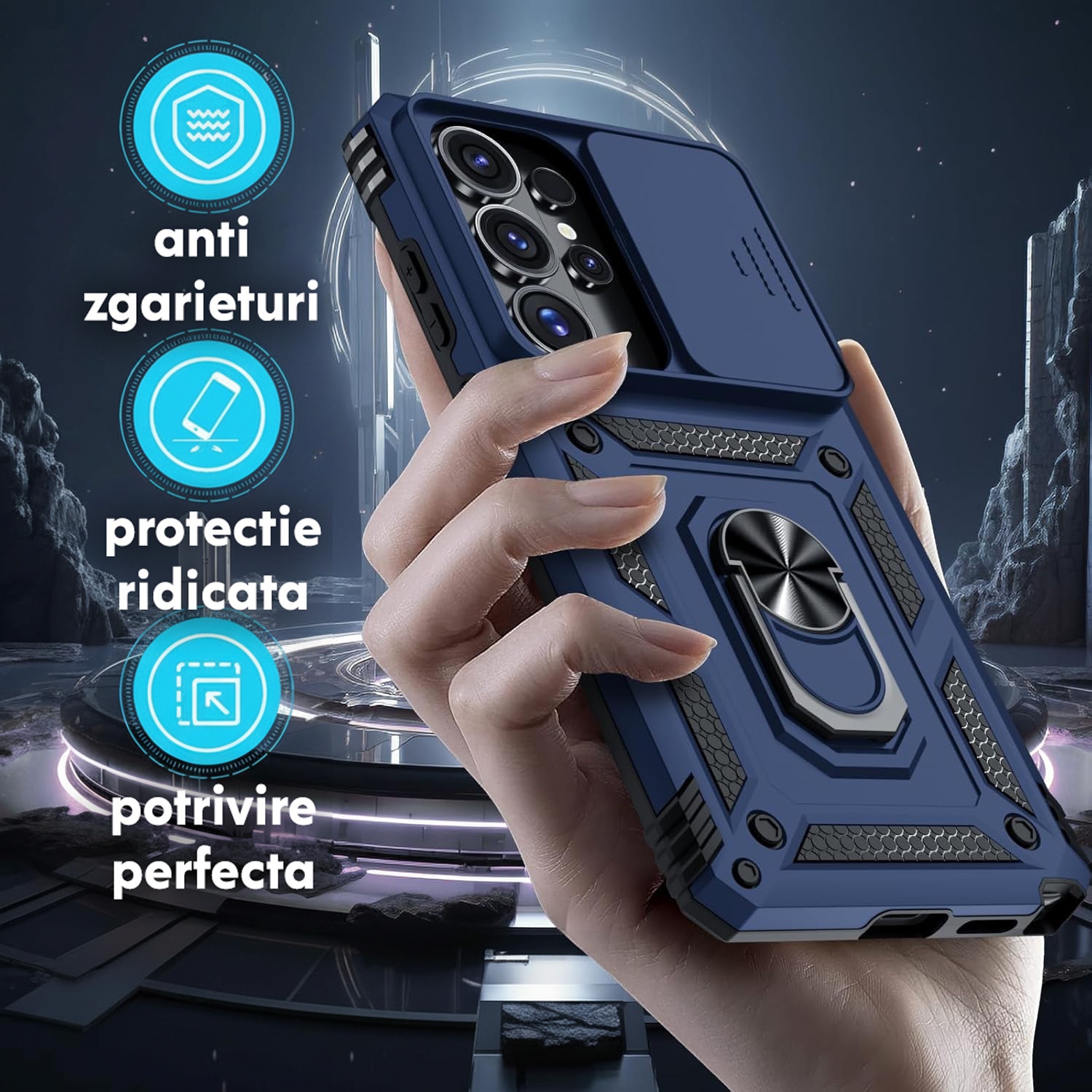 Husa pentru Samsung Galaxy S26 Ultra cu inel rotativ 360 Daden, Camshield series, Hybrid Antisoc, Slider pentru protectia camerei, Albastru