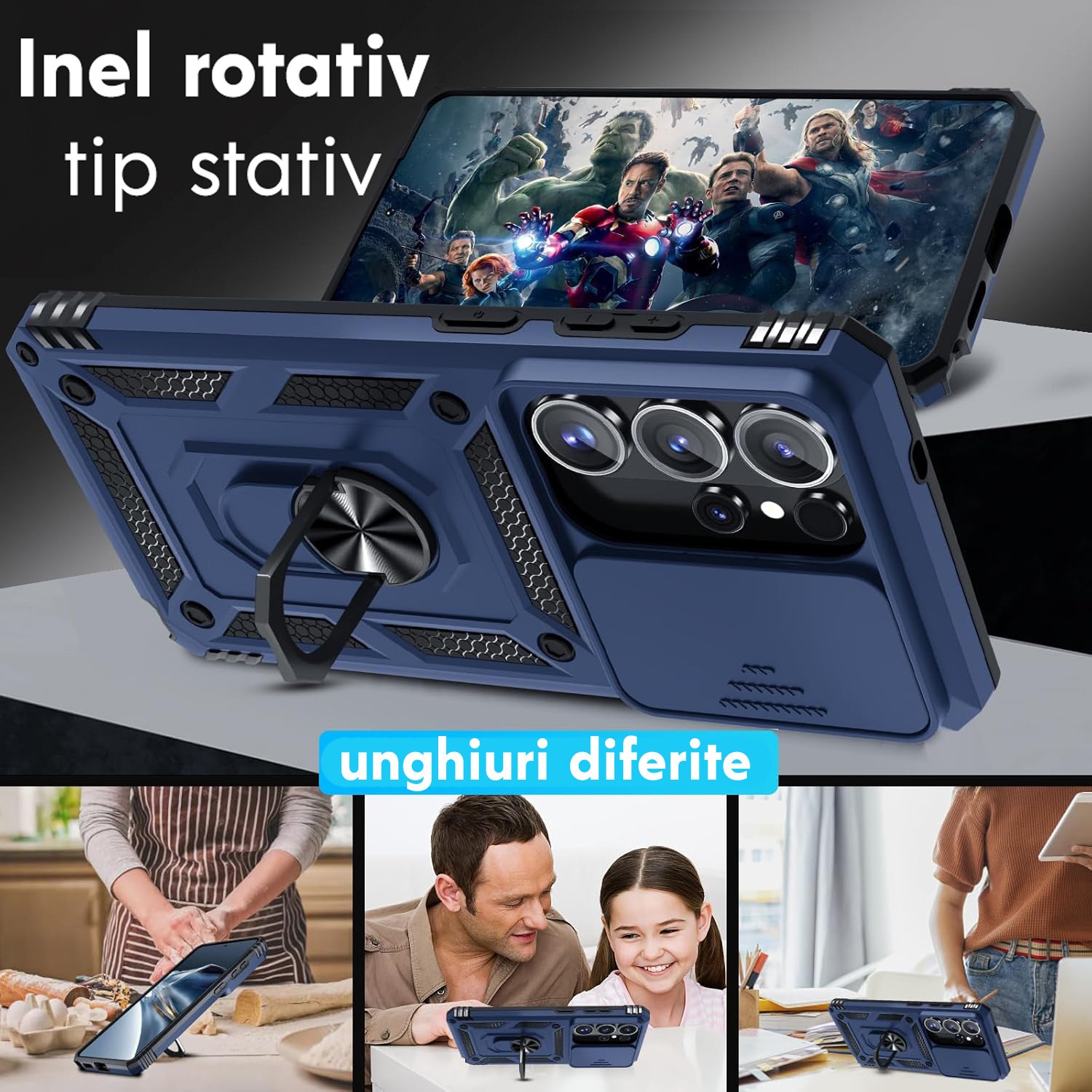 Husa pentru Samsung Galaxy S26 Ultra cu inel rotativ 360 Daden, Camshield series, Hybrid Antisoc, Slider pentru protectia camerei, Albastru