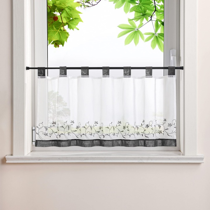 Perdea Voal Heichkell, Broderie Flori si Frunze, Gri, 45x90cm