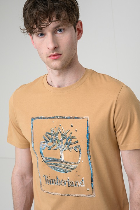 Timberland, Logós és mintás pamutpóló, Karamellbarna