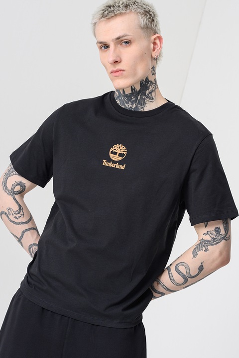 Timberland, Tricou din bumbac cu imprimeu logo, Negru/Maro