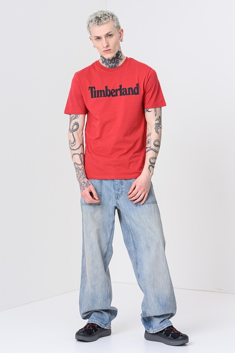 Timberland, Тениска Linear с контрастно лого, Червен/Черен