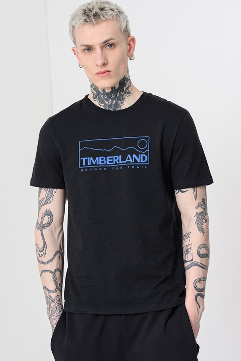 Timberland, Tricou cu imprimeu grafic Outlined, Negru/Albastru inchis
